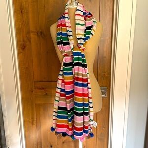 J. Crew Rainbow Striped Pom-Poms 100% Cotton Scarf Womens Artsy Quirky Festival